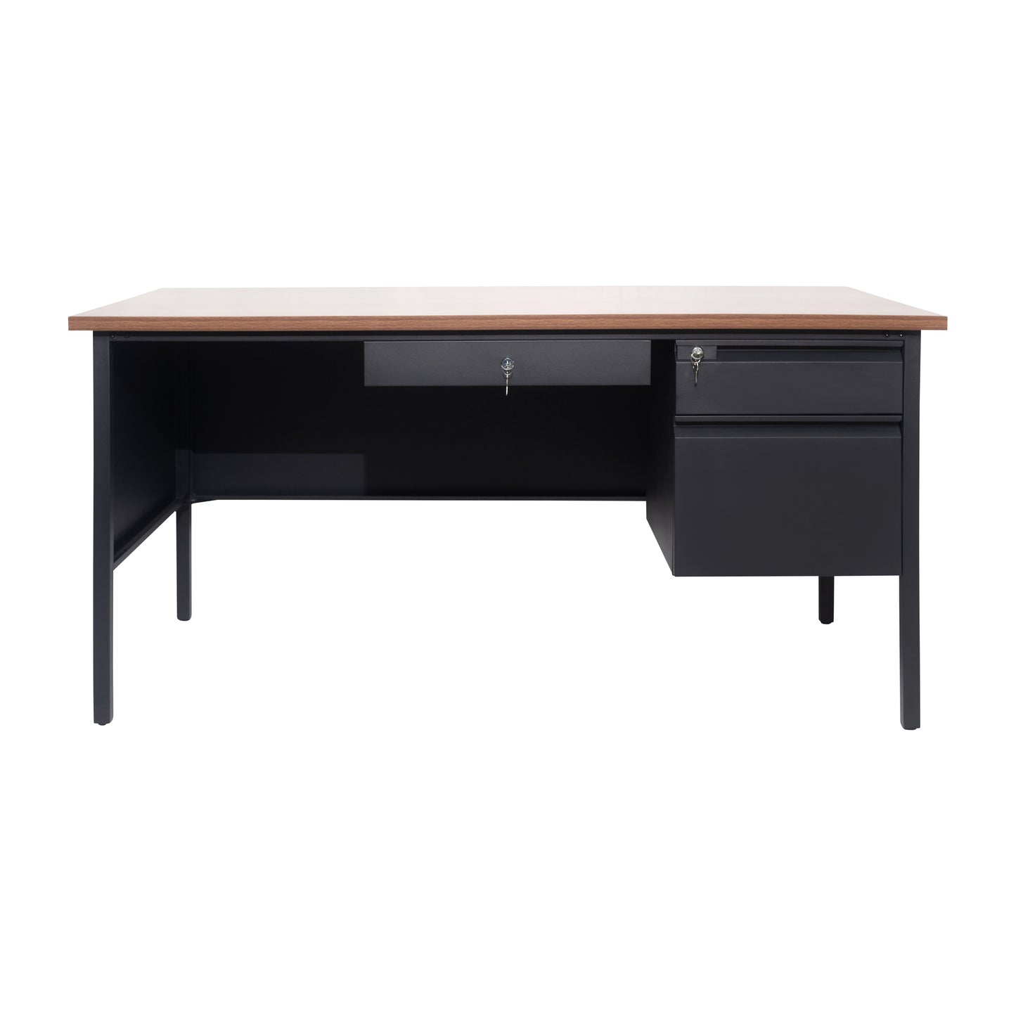 Cambridge Commercial Grade 30x60 Right Side Single Pedestal Desk with 3 Locking Drawers, Walnut Top and Black Frame Walnut