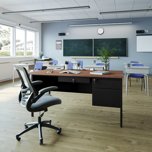 Cambridge Commercial Grade 30x60 Right Side Single Pedestal Desk with 3 Locking Drawers, Walnut Top and Black Frame Walnut GC-M-BLK-175-WLN-GG