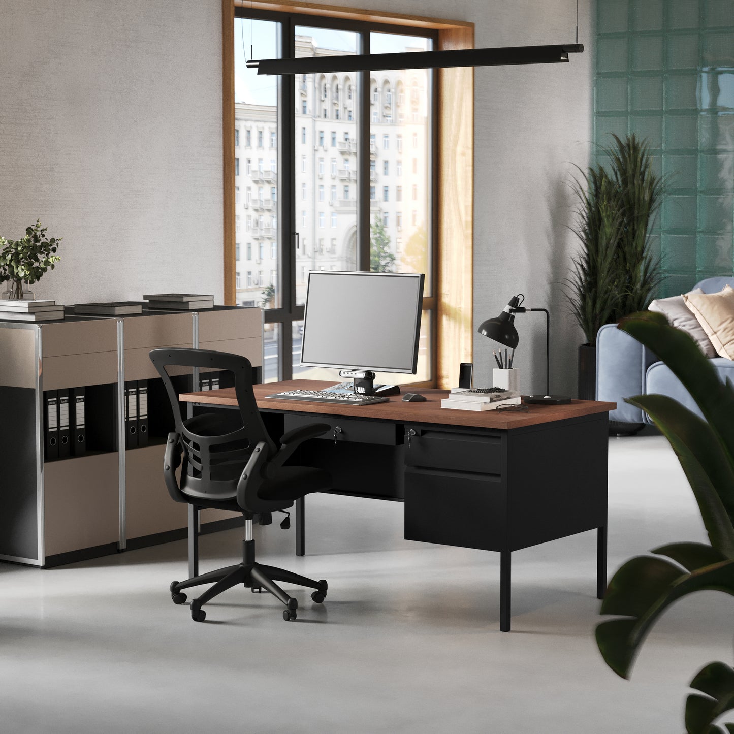 Cambridge Commercial Grade 30x60 Right Side Single Pedestal Desk with 3 Locking Drawers, Walnut Top and Black Frame Walnut