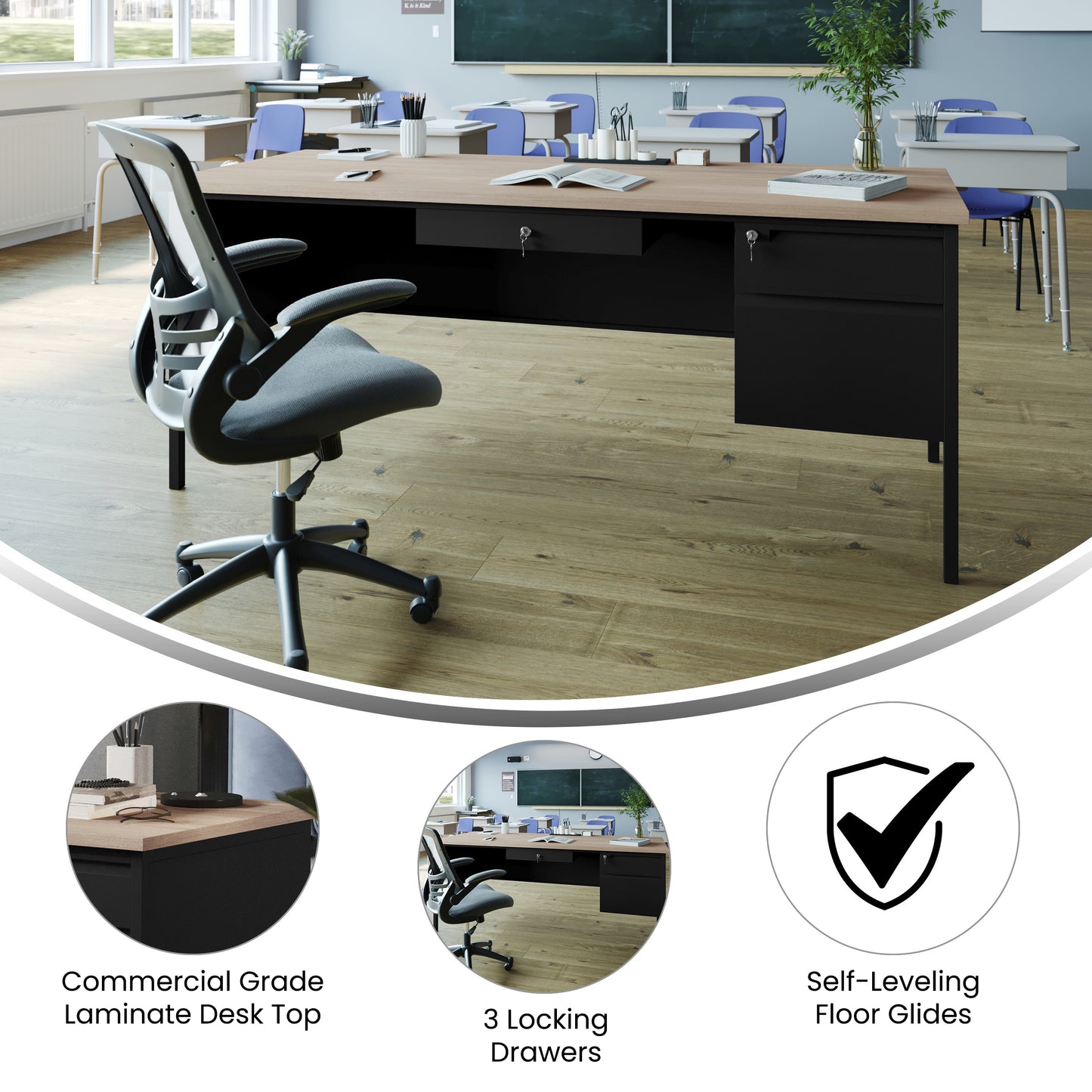 Cambridge Commercial Grade 30x70 Right Side Single Pedestal Desk with 3 Locking Drawers, White Oak Top and Black Frame White Oak GC-M-BLK-177-WHTOAK-GG