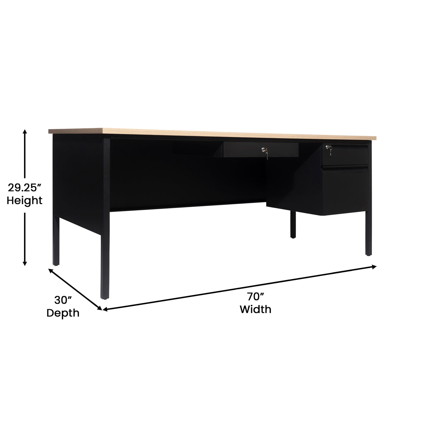 Cambridge Commercial Grade 30x70 Right Side Single Pedestal Desk with 3 Locking Drawers, White Oak Top and Black Frame White Oak GC-M-BLK-177-WHTOAK-GG