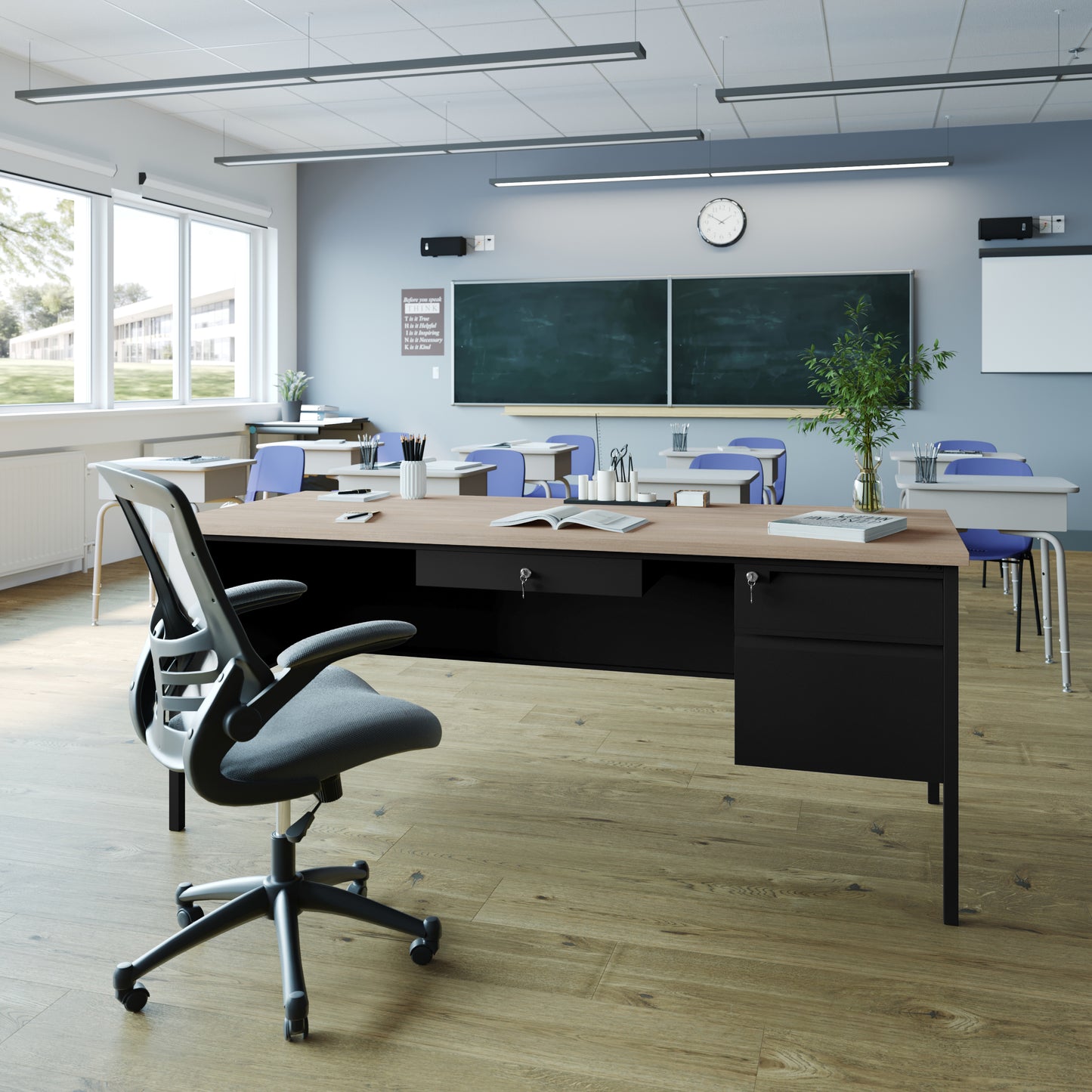 Cambridge Commercial Grade 30x70 Right Side Single Pedestal Desk with 3 Locking Drawers, White Oak Top and Black Frame White Oak GC-M-BLK-177-WHTOAK-GG