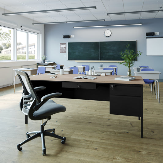 Cambridge Commercial Grade 30x70 Right Side Single Pedestal Desk with 3 Locking Drawers, White Oak Top and Black Frame White Oak GC-M-BLK-177-WHTOAK-GG