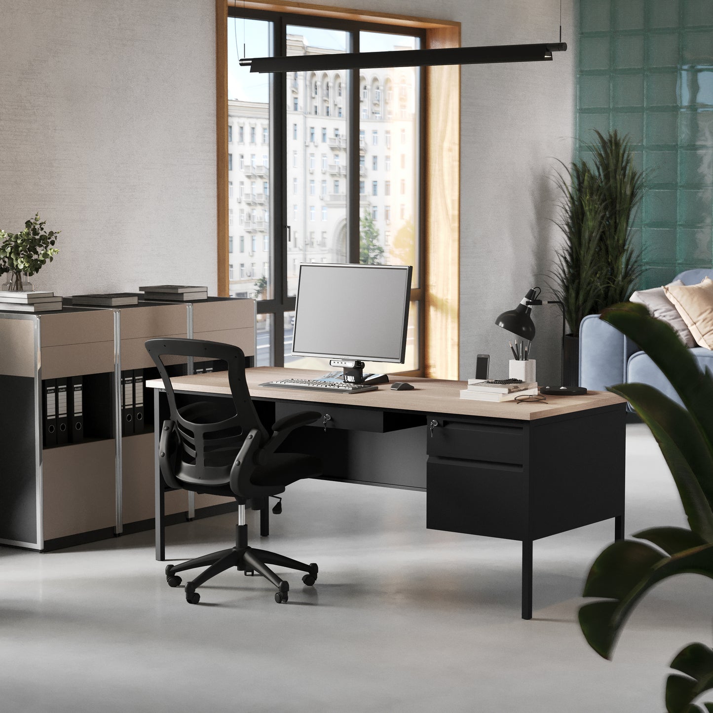 Cambridge Commercial Grade 30x70 Right Side Single Pedestal Desk with 3 Locking Drawers, White Oak Top and Black Frame White Oak GC-M-BLK-177-WHTOAK-GG