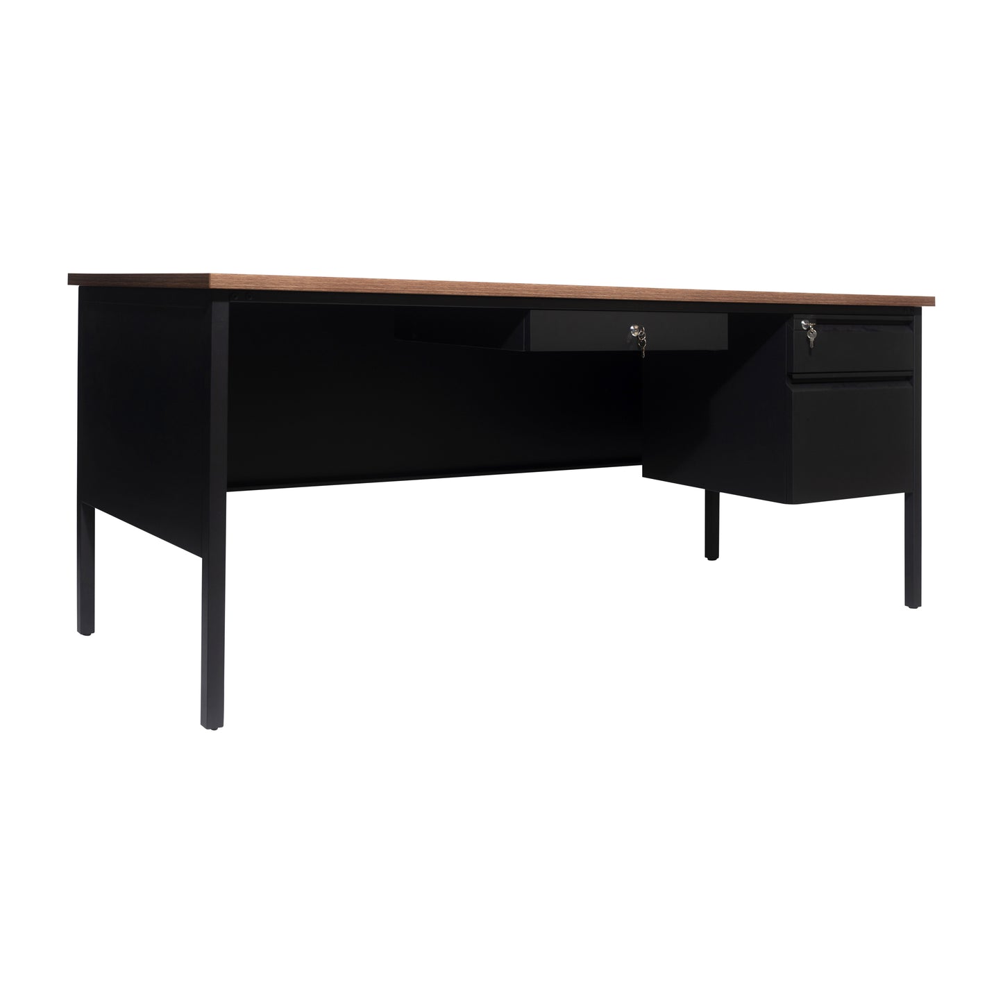 Cambridge Commercial Grade 30x70 Right Side Single Pedestal Desk with 3 Locking Drawers, Walnut Top and Black Frame Walnut