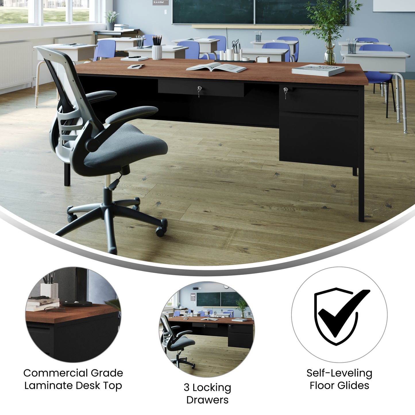 Cambridge Commercial Grade 30x70 Right Side Single Pedestal Desk with 3 Locking Drawers, Walnut Top and Black Frame Walnut
