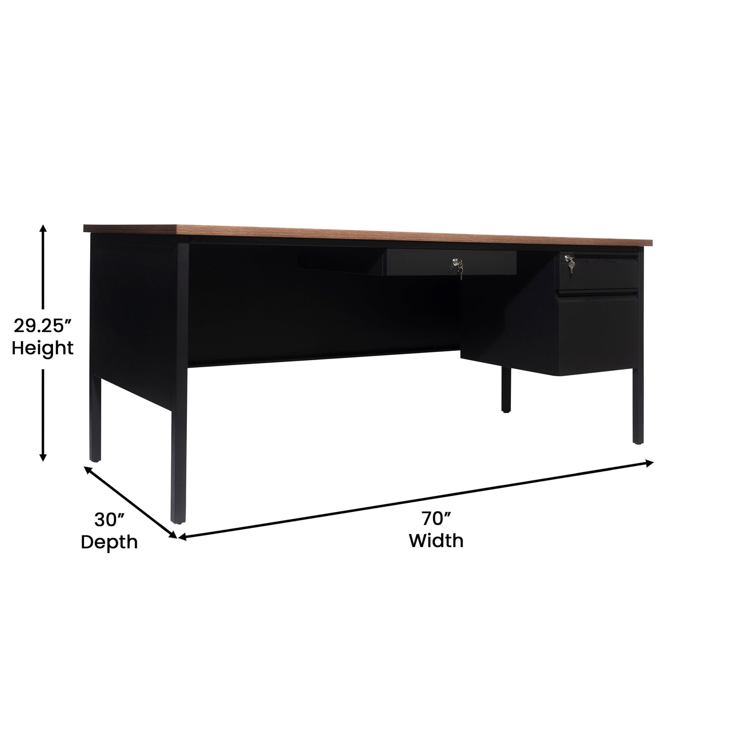 Cambridge Commercial Grade 30x70 Right Side Single Pedestal Desk with 3 Locking Drawers, Walnut Top and Black Frame Walnut
