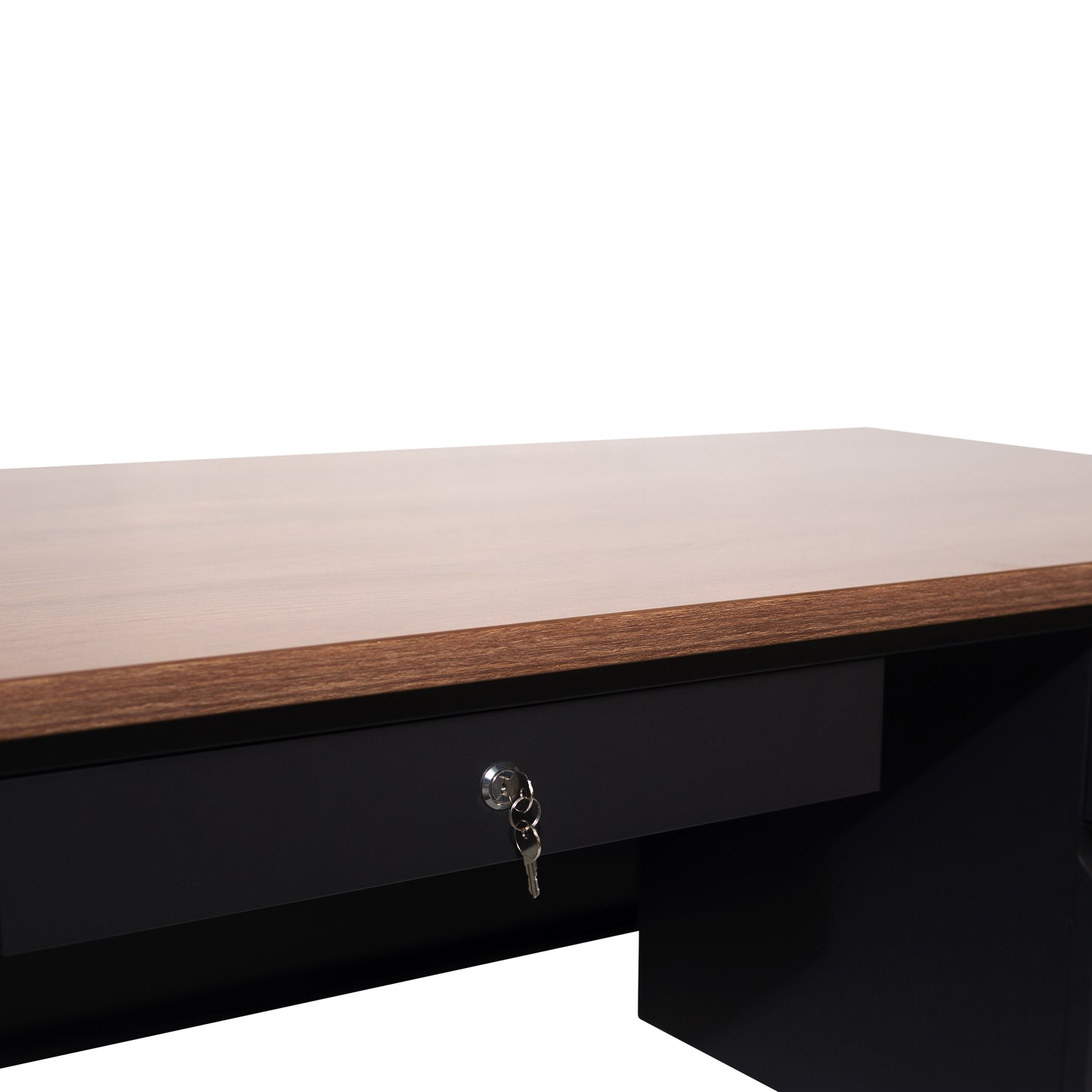 Cambridge Commercial Grade 30x70 Right Side Single Pedestal Desk with 3 Locking Drawers, Walnut Top and Black Frame Walnut