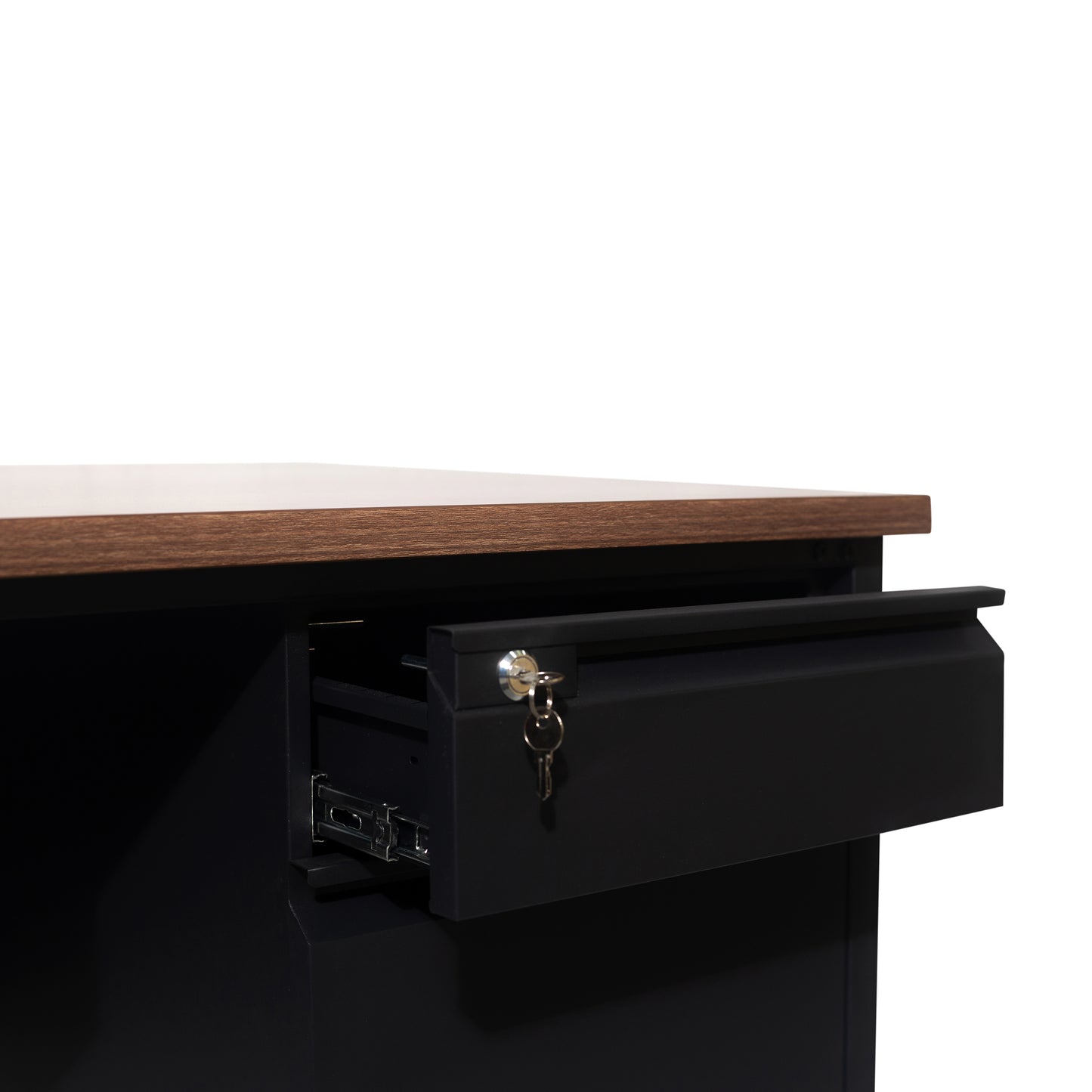 Cambridge Commercial Grade 30x70 Right Side Single Pedestal Desk with 3 Locking Drawers, Walnut Top and Black Frame Walnut
