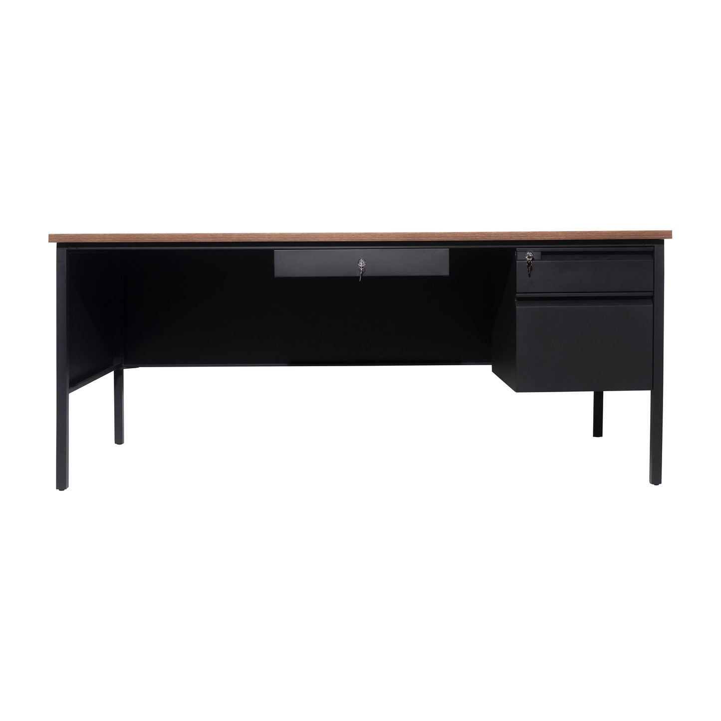 Cambridge Commercial Grade 30x70 Right Side Single Pedestal Desk with 3 Locking Drawers, Walnut Top and Black Frame Walnut
