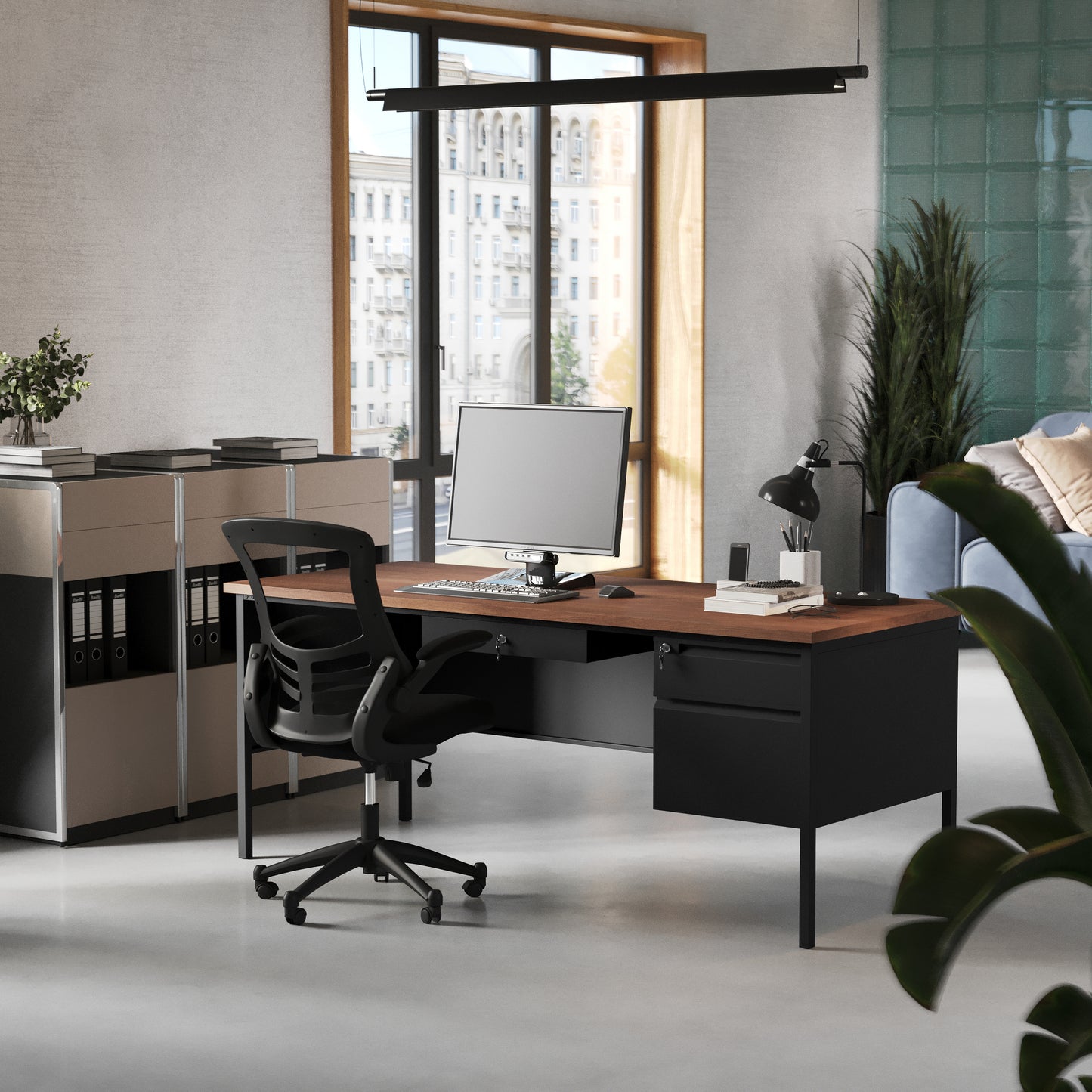 Cambridge Commercial Grade 30x70 Right Side Single Pedestal Desk with 3 Locking Drawers, Walnut Top and Black Frame Walnut