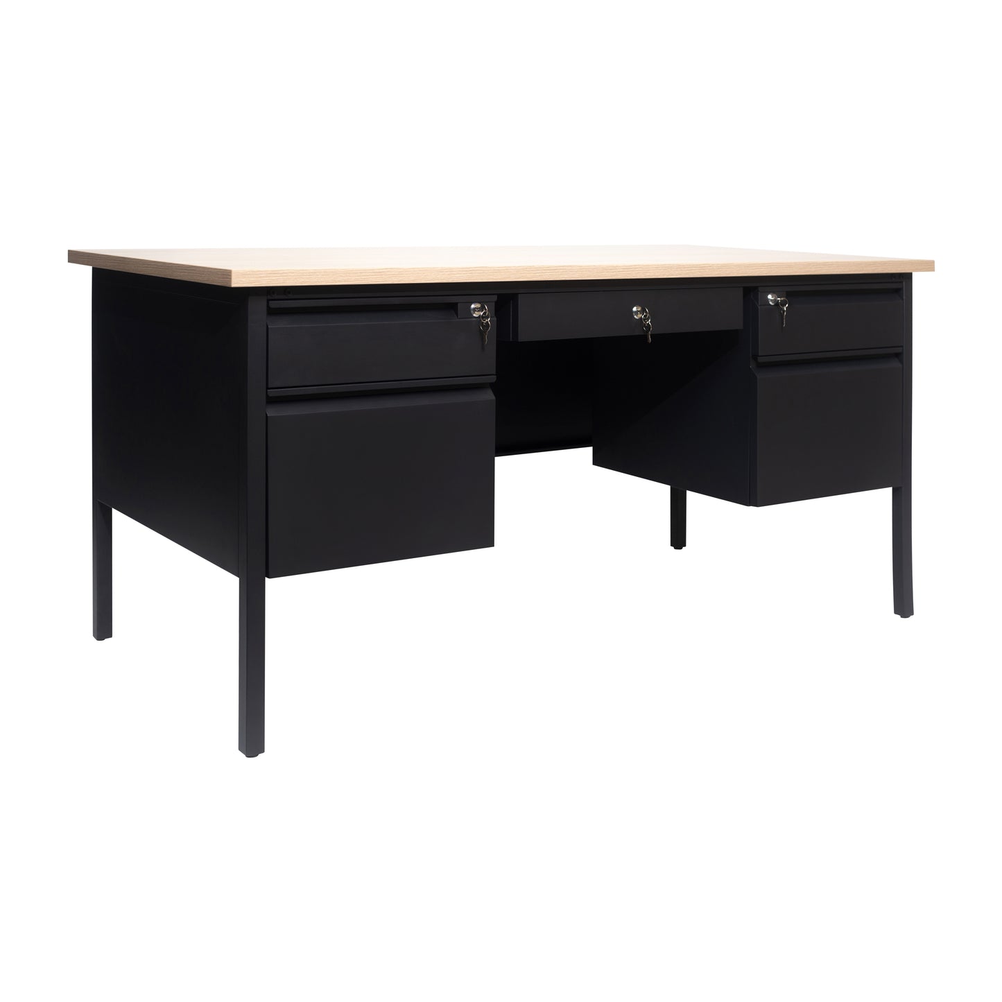 Cambridge Commercial Grade 30x60 Double Pedestal Desk with 5 Locking Drawers, White Oak Top and Black Frame White Oak