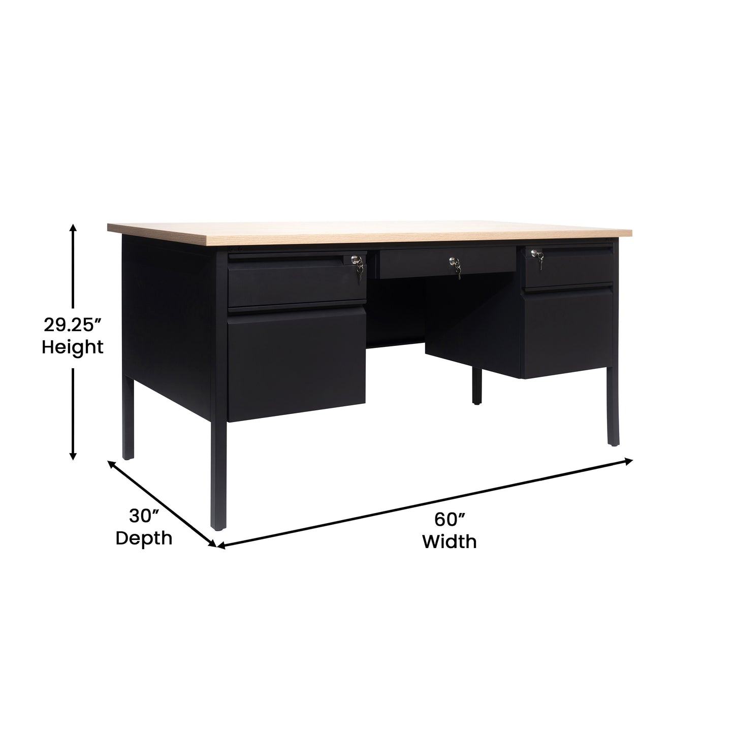 Cambridge Commercial Grade 30x60 Double Pedestal Desk with 5 Locking Drawers, White Oak Top and Black Frame White Oak