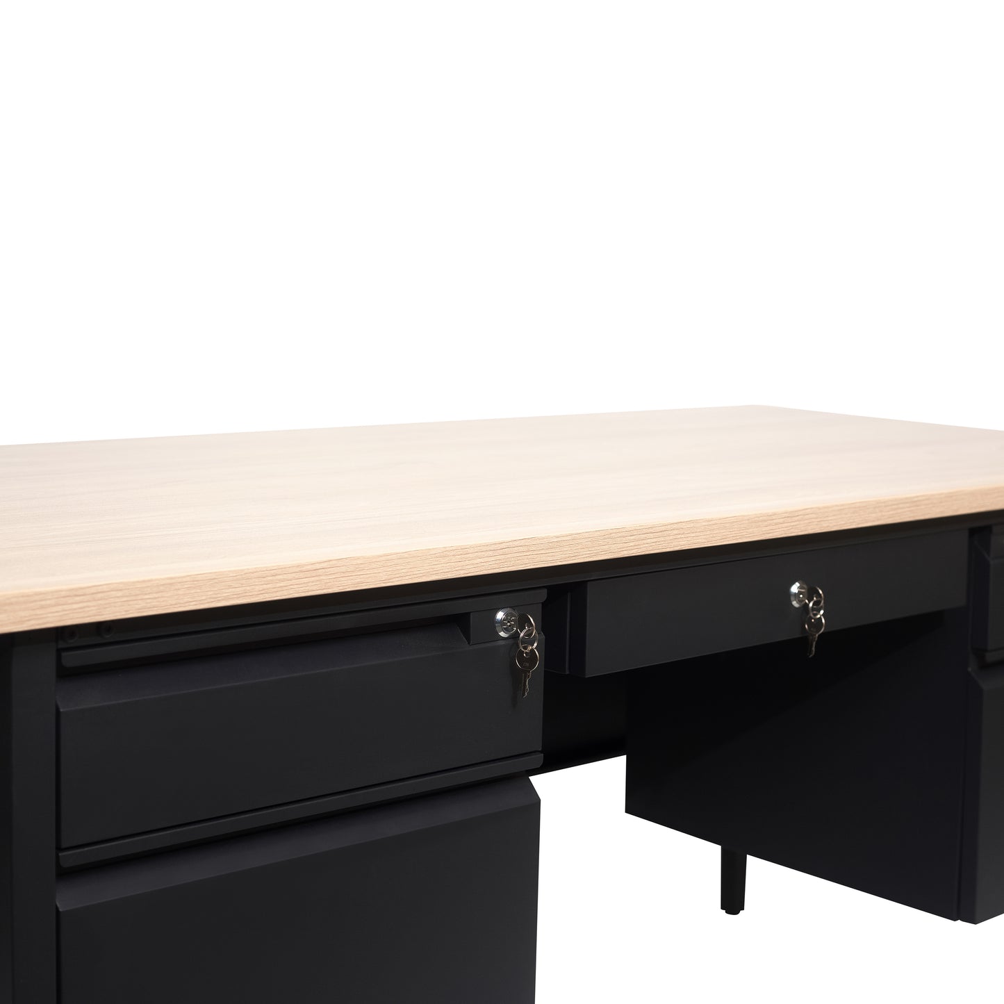 Cambridge Commercial Grade 30x60 Double Pedestal Desk with 5 Locking Drawers, White Oak Top and Black Frame White Oak