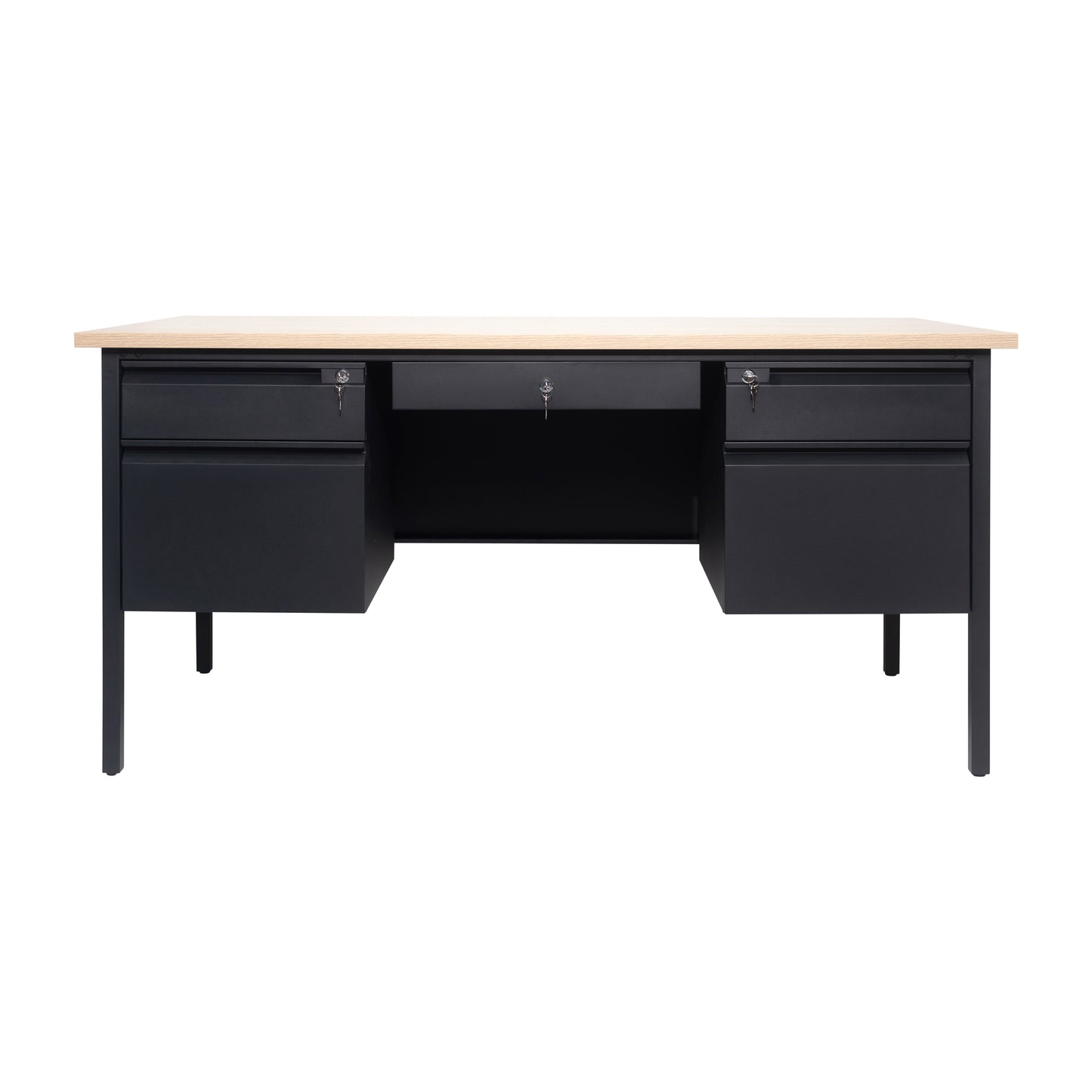 Cambridge Commercial Grade 30x60 Double Pedestal Desk with 5 Locking Drawers, White Oak Top and Black Frame White Oak