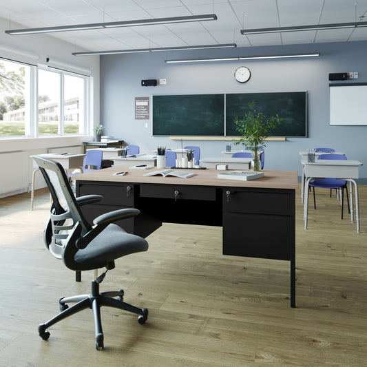 Cambridge Commercial Grade 30x60 Double Pedestal Desk with 5 Locking Drawers, White Oak Top and Black Frame White Oak GC-M-BLK-179-WHTOAK-GG