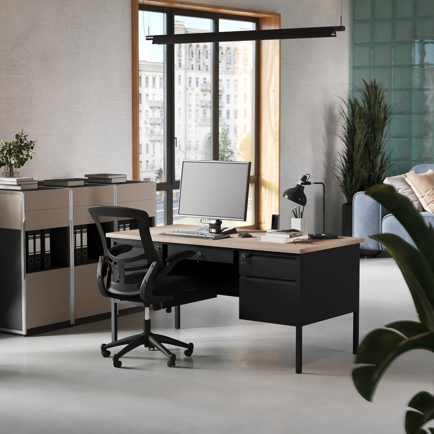 Cambridge Commercial Grade 30x60 Double Pedestal Desk with 5 Locking Drawers, White Oak Top and Black Frame White Oak