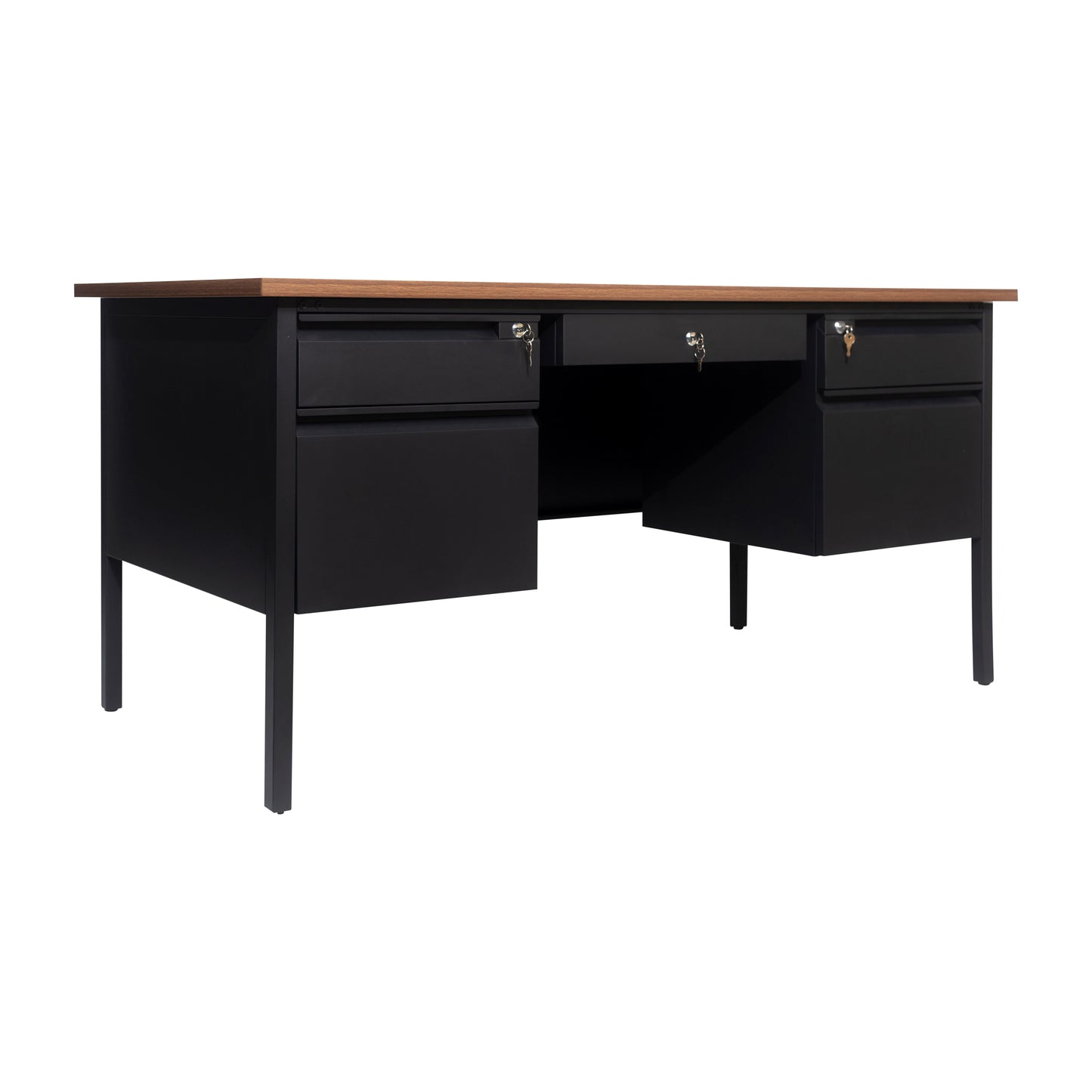Cambridge Commercial Grade 30x60 Double Pedestal Desk with 5 Locking Drawers, Walnut Top and Black Frame Walnut