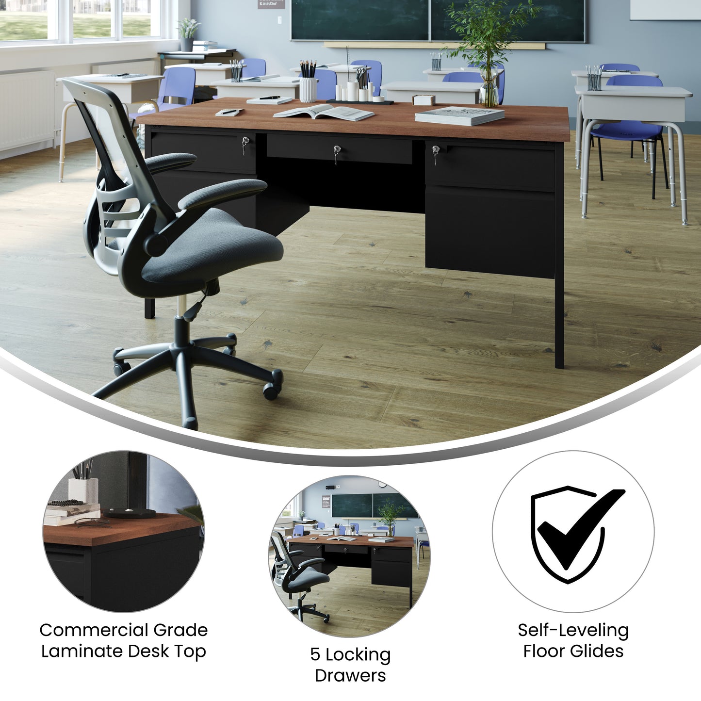 Cambridge Commercial Grade 30x60 Double Pedestal Desk with 5 Locking Drawers, Walnut Top and Black Frame Walnut