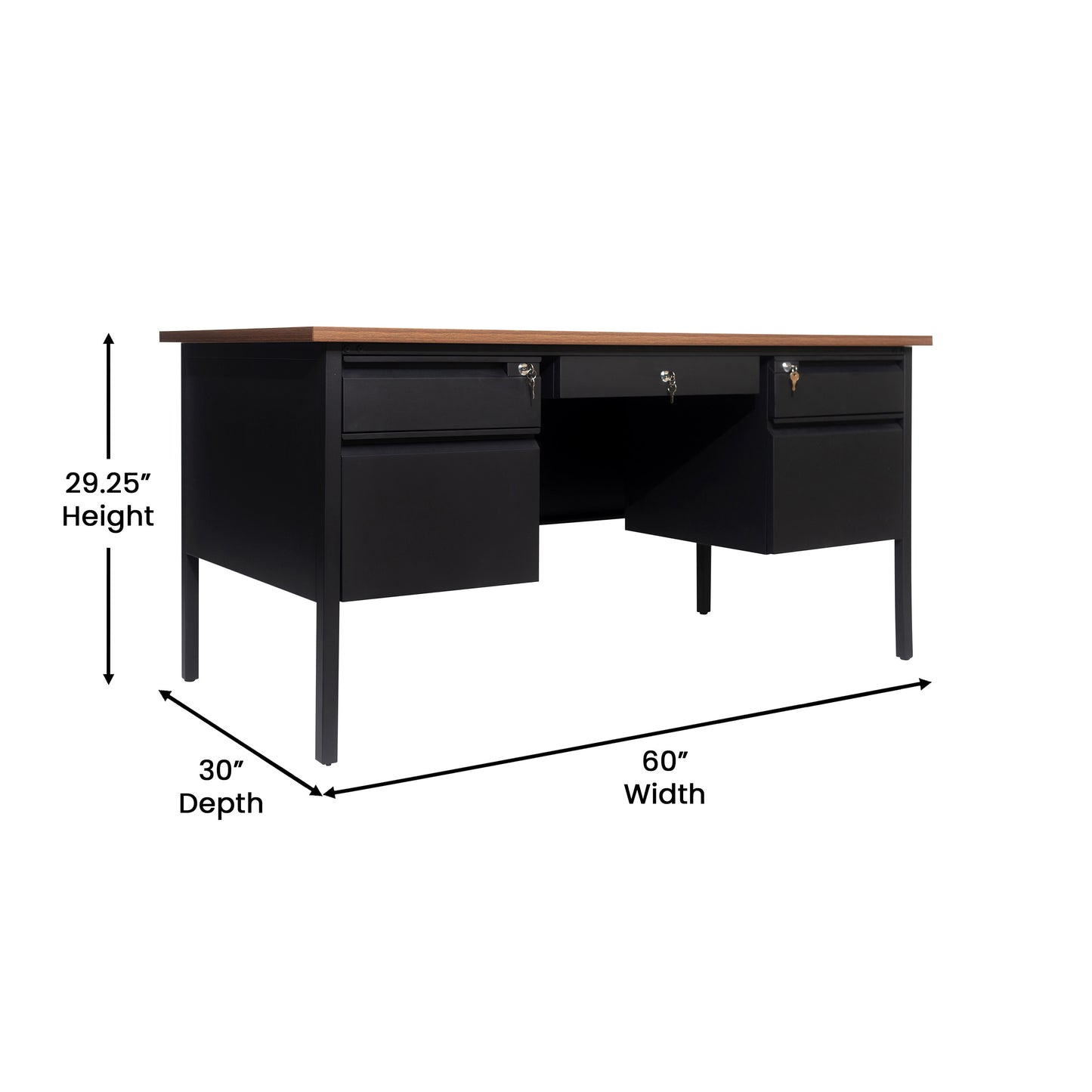 Cambridge Commercial Grade 30x60 Double Pedestal Desk with 5 Locking Drawers, Walnut Top and Black Frame Walnut