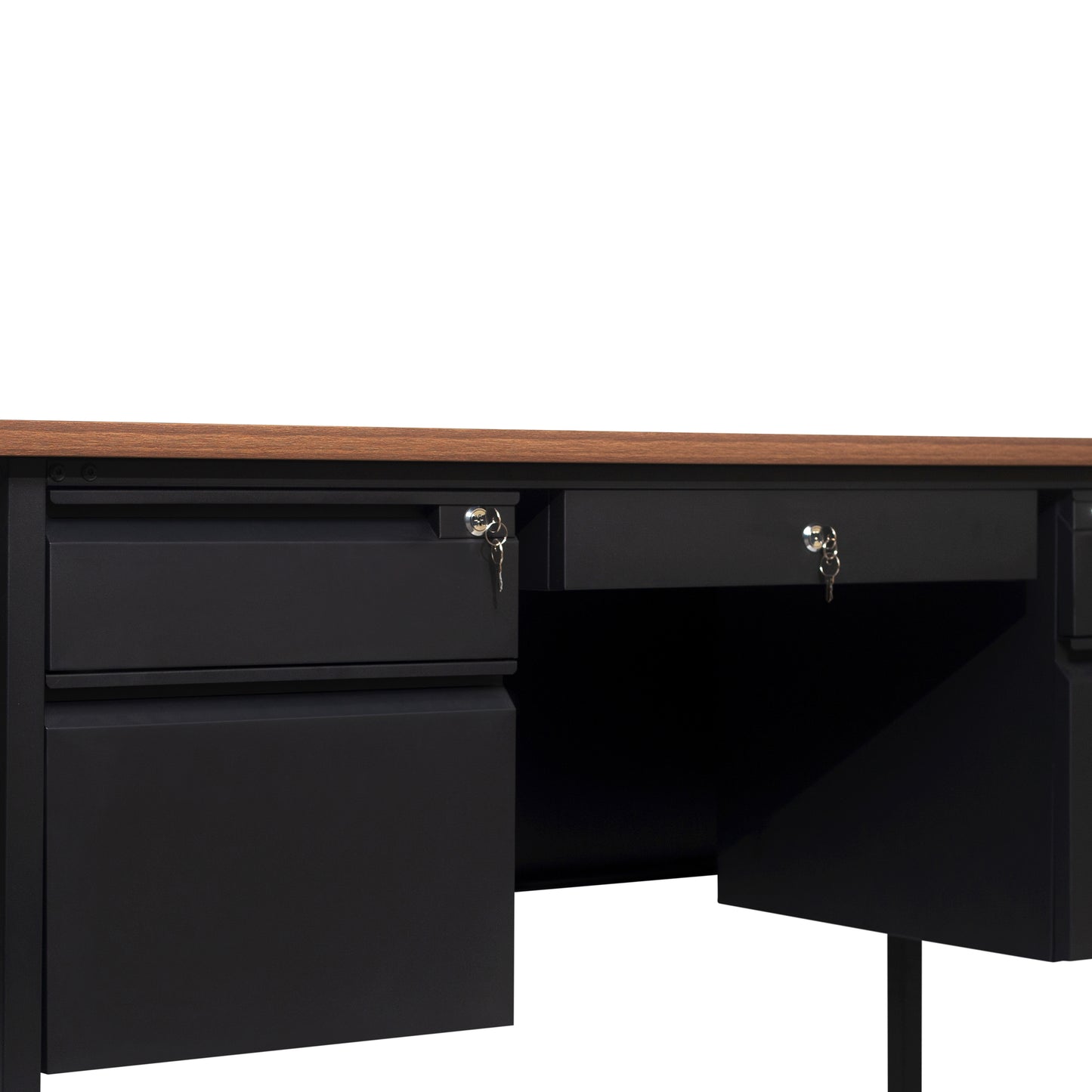 Cambridge Commercial Grade 30x60 Double Pedestal Desk with 5 Locking Drawers, Walnut Top and Black Frame Walnut