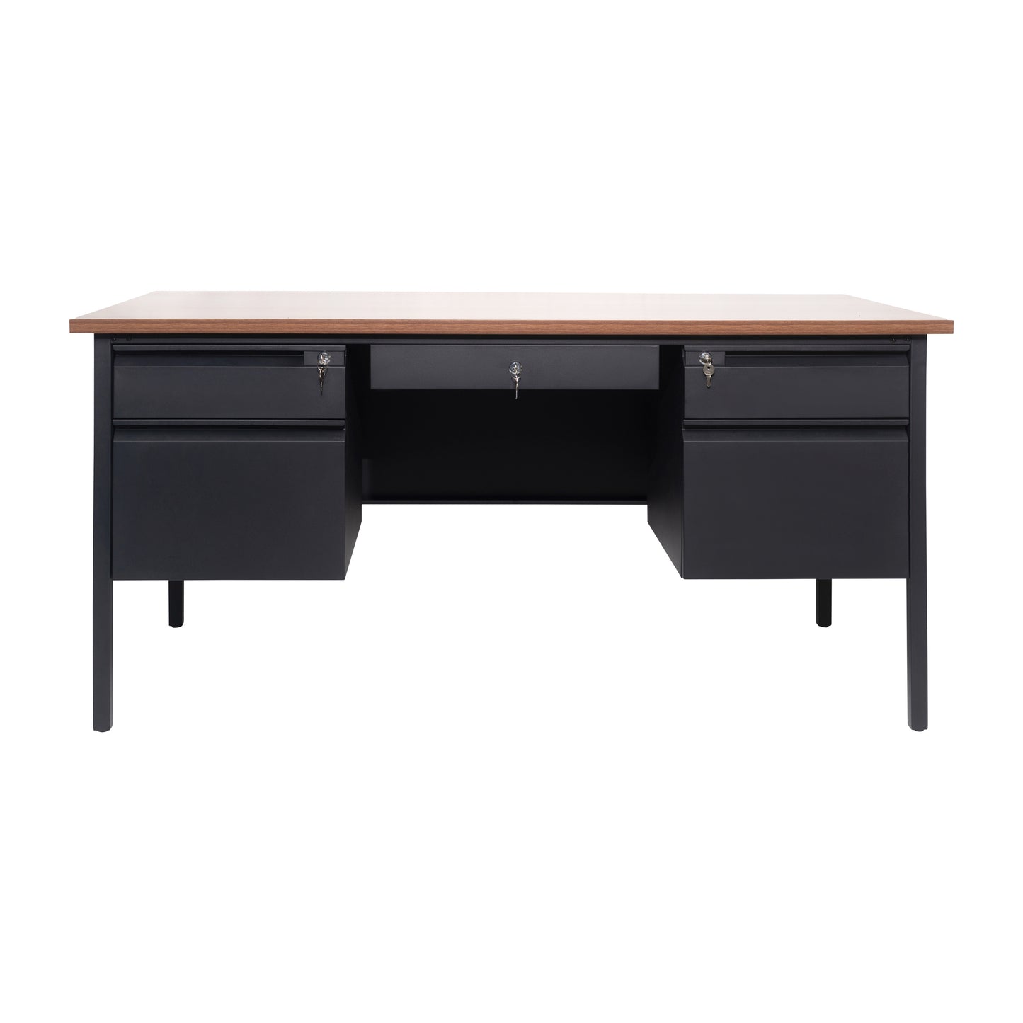 Cambridge Commercial Grade 30x60 Double Pedestal Desk with 5 Locking Drawers, Walnut Top and Black Frame Walnut