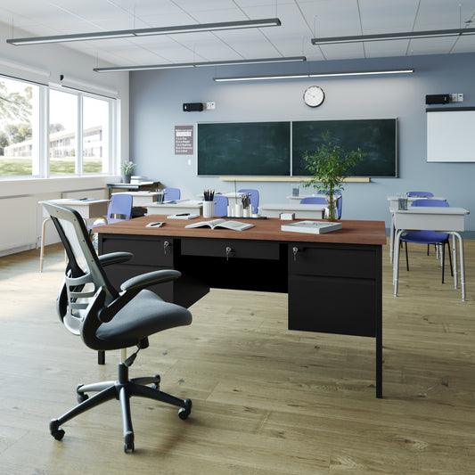 Cambridge Commercial Grade 30x60 Double Pedestal Desk with 5 Locking Drawers, Walnut Top and Black Frame Walnut GC-M-BLK-179-WLN-GG