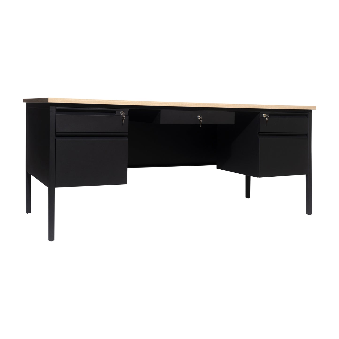 Cambridge Commercial Grade 30x70 Double Pedestal Desk with 5 Locking Drawers, White Oak Top and Black Frame White Oak GC-M-BLK-180-WHTOAK-GG