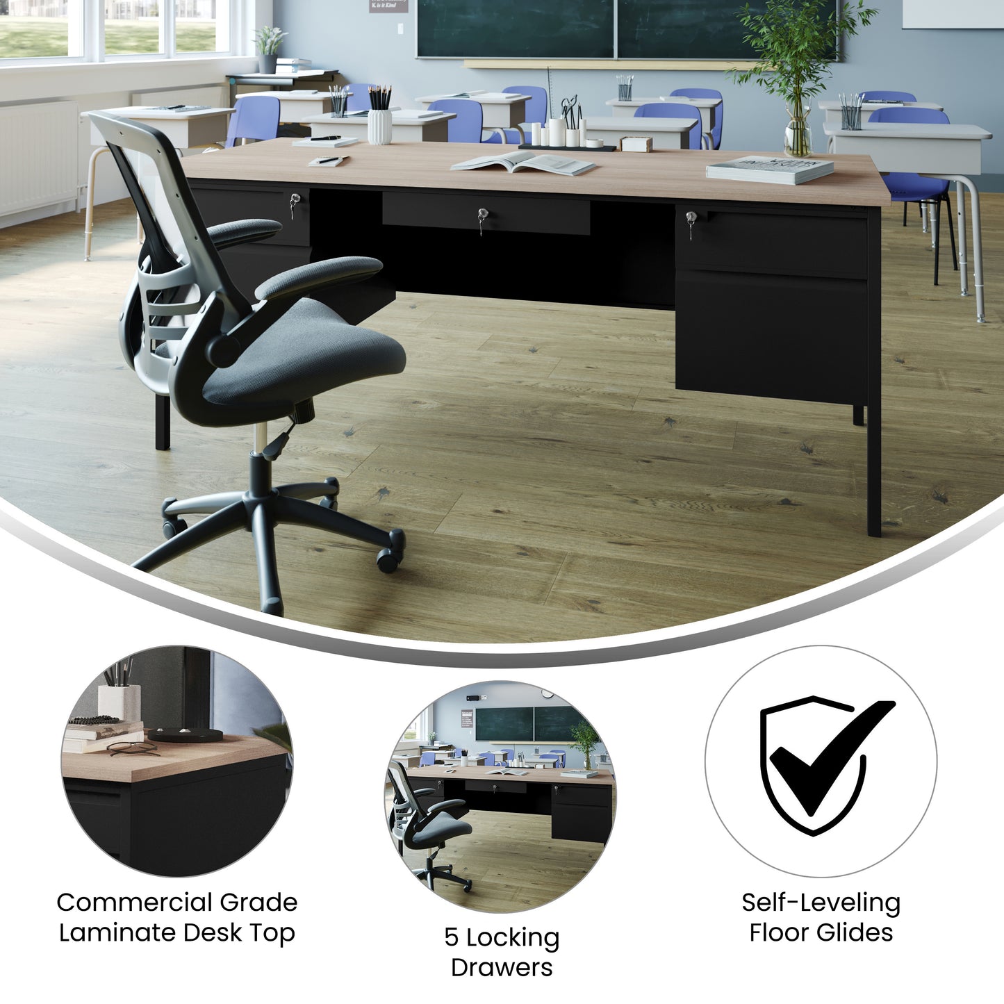 Cambridge Commercial Grade 30x70 Double Pedestal Desk with 5 Locking Drawers, White Oak Top and Black Frame White Oak GC-M-BLK-180-WHTOAK-GG