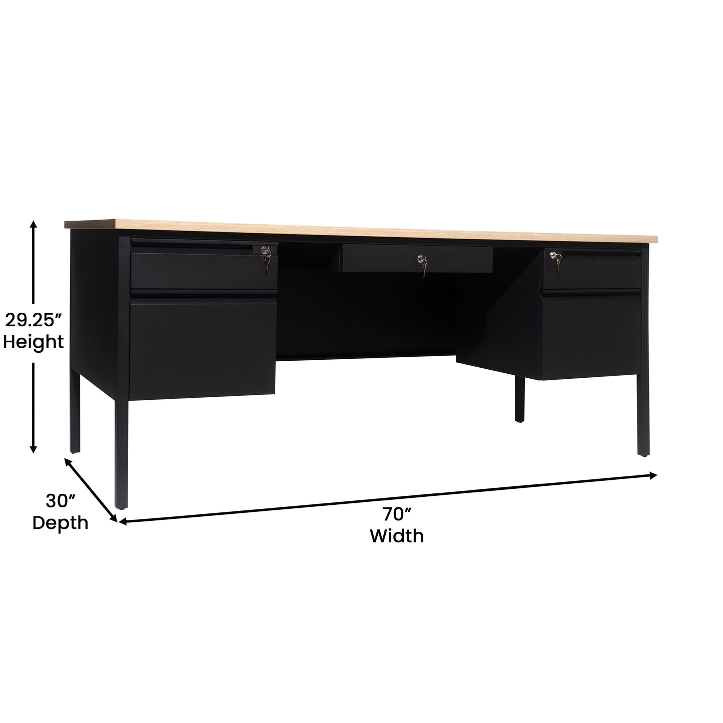 Cambridge Commercial Grade 30x70 Double Pedestal Desk with 5 Locking Drawers, White Oak Top and Black Frame White Oak GC-M-BLK-180-WHTOAK-GG