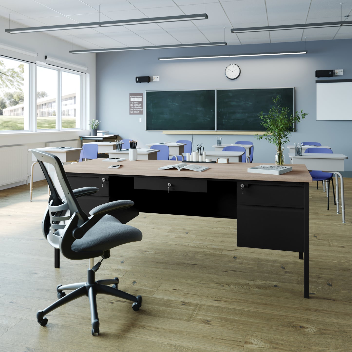 Cambridge Commercial Grade 30x70 Double Pedestal Desk with 5 Locking Drawers, White Oak Top and Black Frame White Oak GC-M-BLK-180-WHTOAK-GG