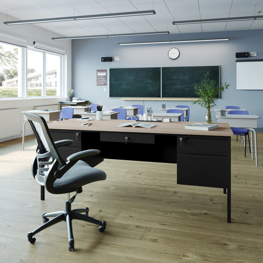 Cambridge Commercial Grade 30x70 Double Pedestal Desk with 5 Locking Drawers, White Oak Top and Black Frame White Oak GC-M-BLK-180-WHTOAK-GG