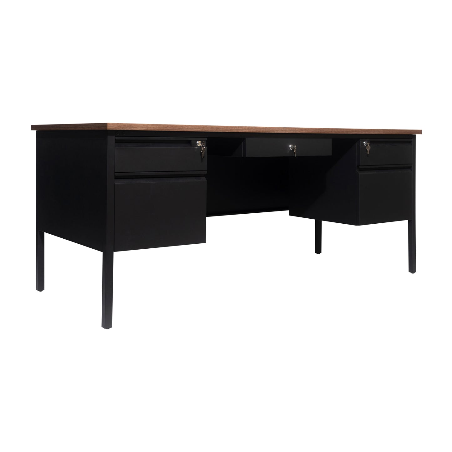 Cambridge Commercial Grade 30x70 Double Pedestal Desk with 5 Locking Drawers, Walnut Top and Black Frame Walnut