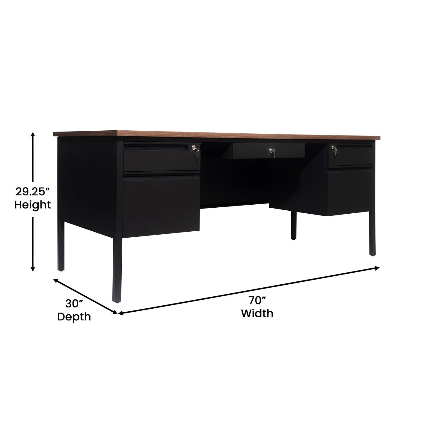 Cambridge Commercial Grade 30x70 Double Pedestal Desk with 5 Locking Drawers, Walnut Top and Black Frame Walnut