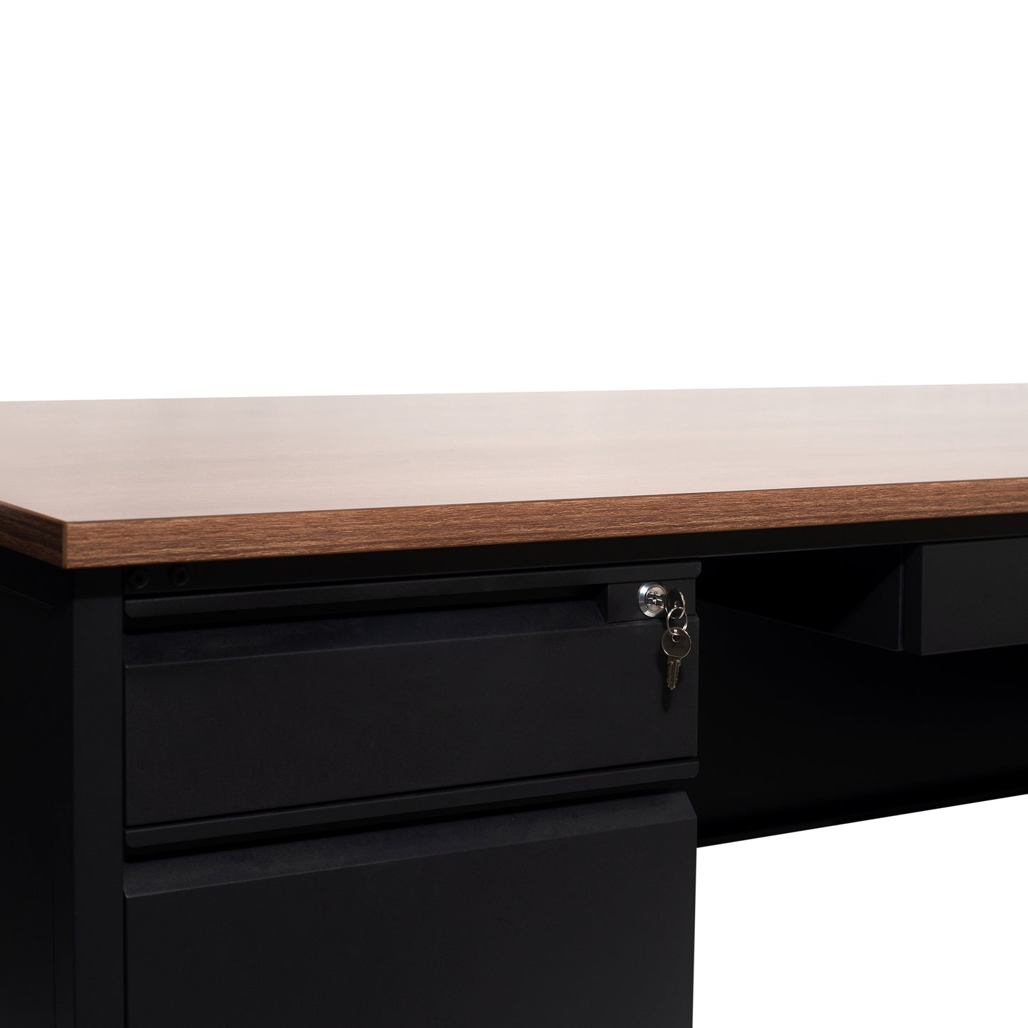 Cambridge Commercial Grade 30x70 Double Pedestal Desk with 5 Locking Drawers, Walnut Top and Black Frame Walnut
