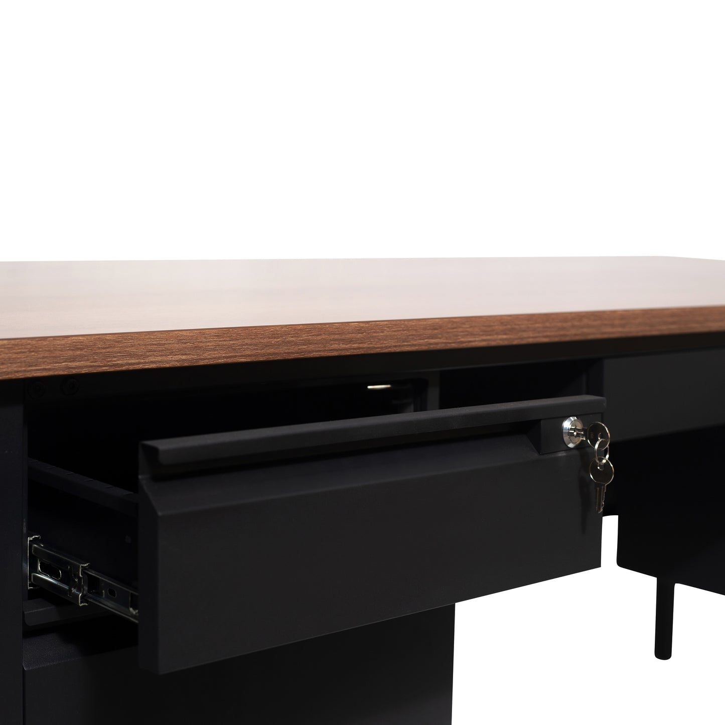 Cambridge Commercial Grade 30x70 Double Pedestal Desk with 5 Locking Drawers, Walnut Top and Black Frame Walnut