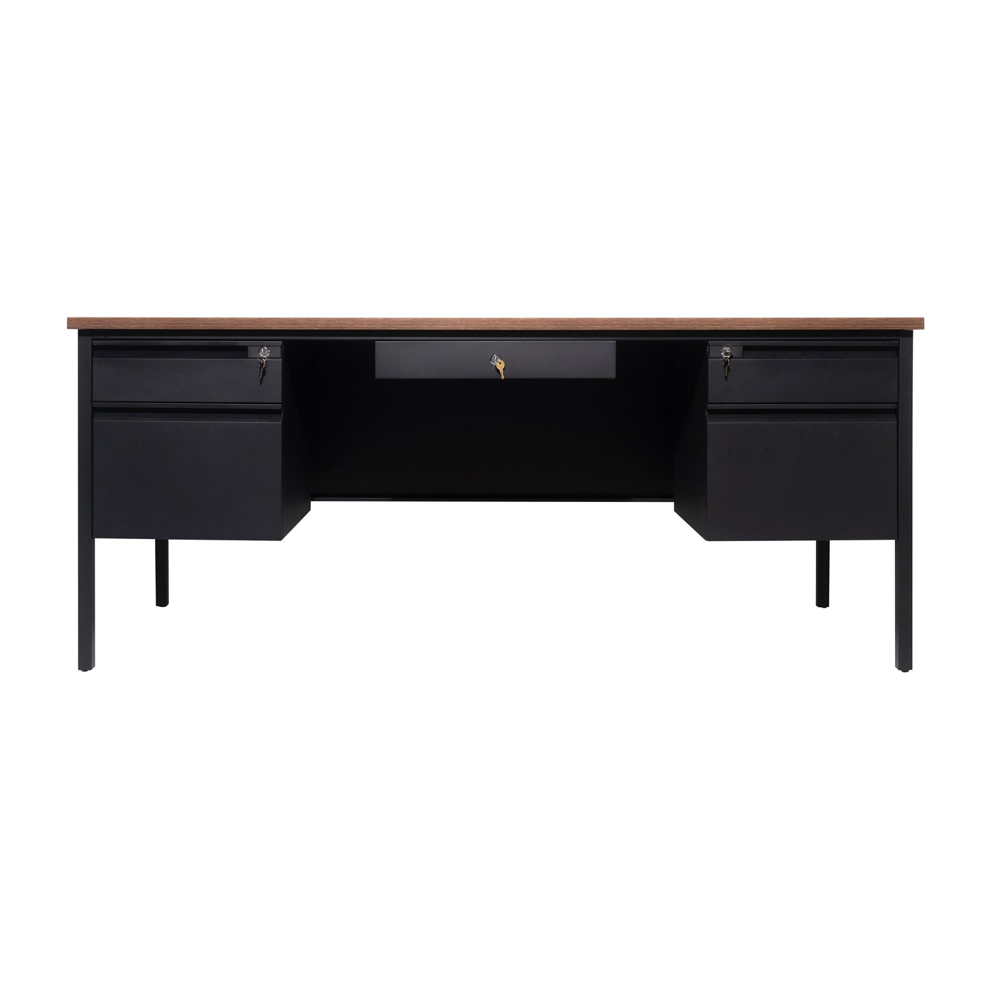 Cambridge Commercial Grade 30x70 Double Pedestal Desk with 5 Locking Drawers, Walnut Top and Black Frame Walnut