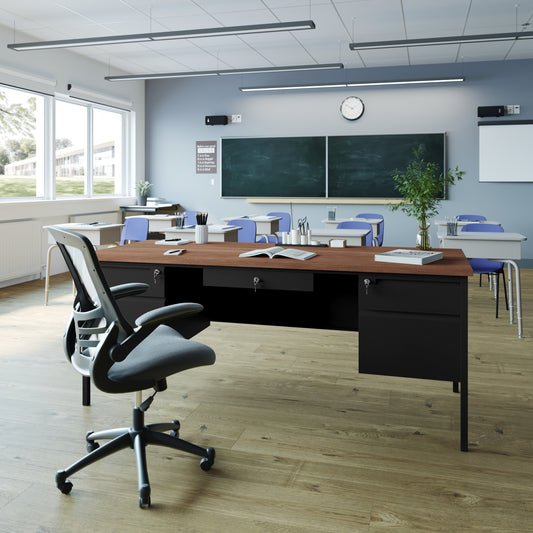 Cambridge Commercial Grade 30x70 Double Pedestal Desk with 5 Locking Drawers, Walnut Top and Black Frame Walnut GC-M-BLK-180-WLN-GG