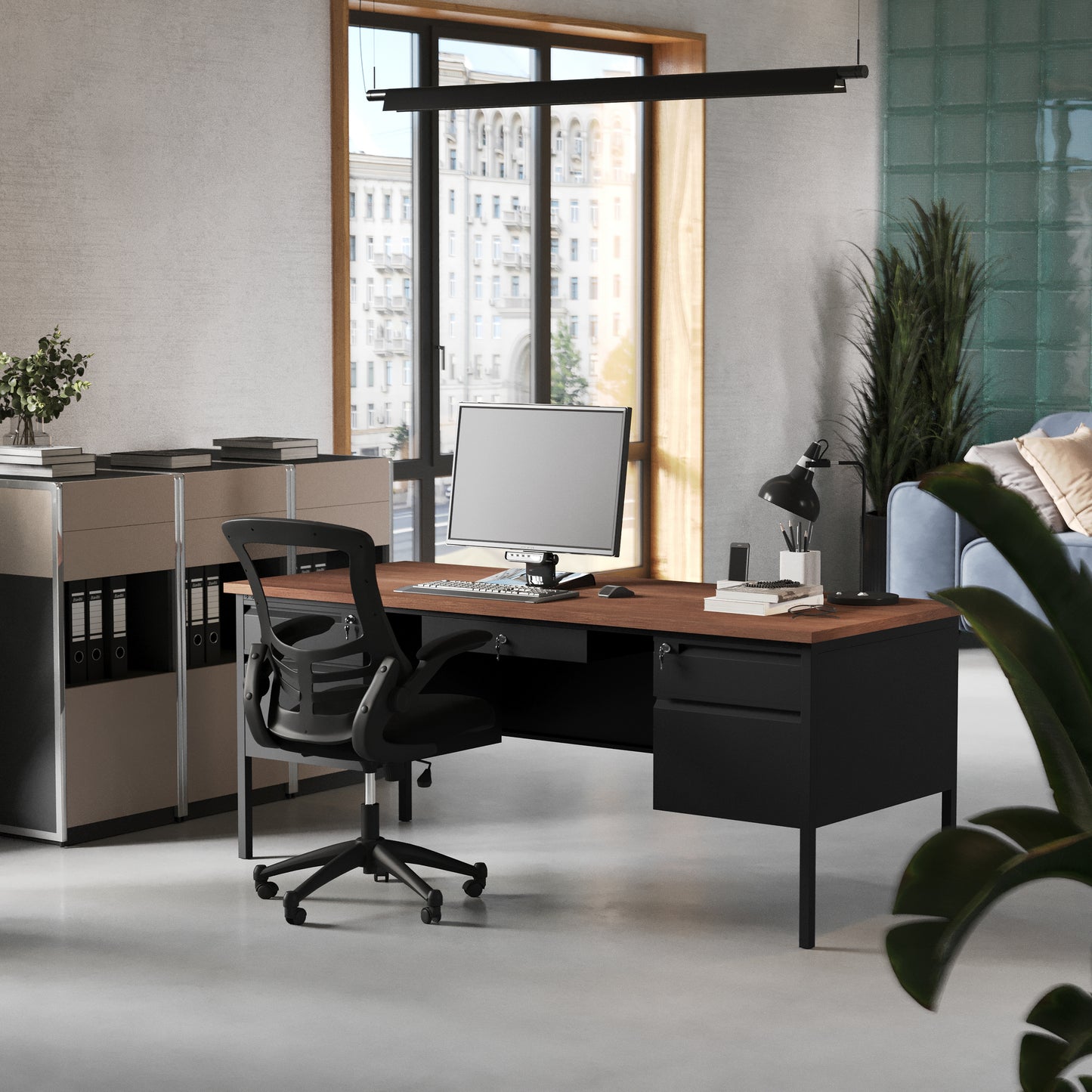 Cambridge Commercial Grade 30x70 Double Pedestal Desk with 5 Locking Drawers, Walnut Top and Black Frame Walnut