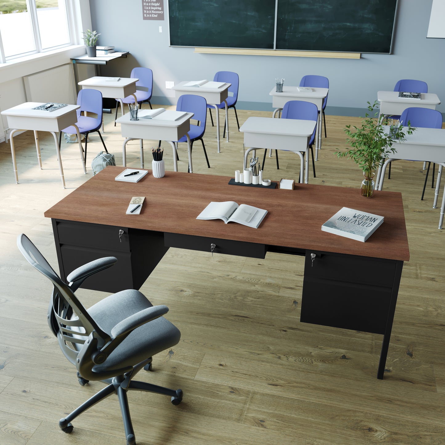 Cambridge Commercial Grade 30x70 Double Pedestal Desk with 5 Locking Drawers, Walnut Top and Black Frame Walnut