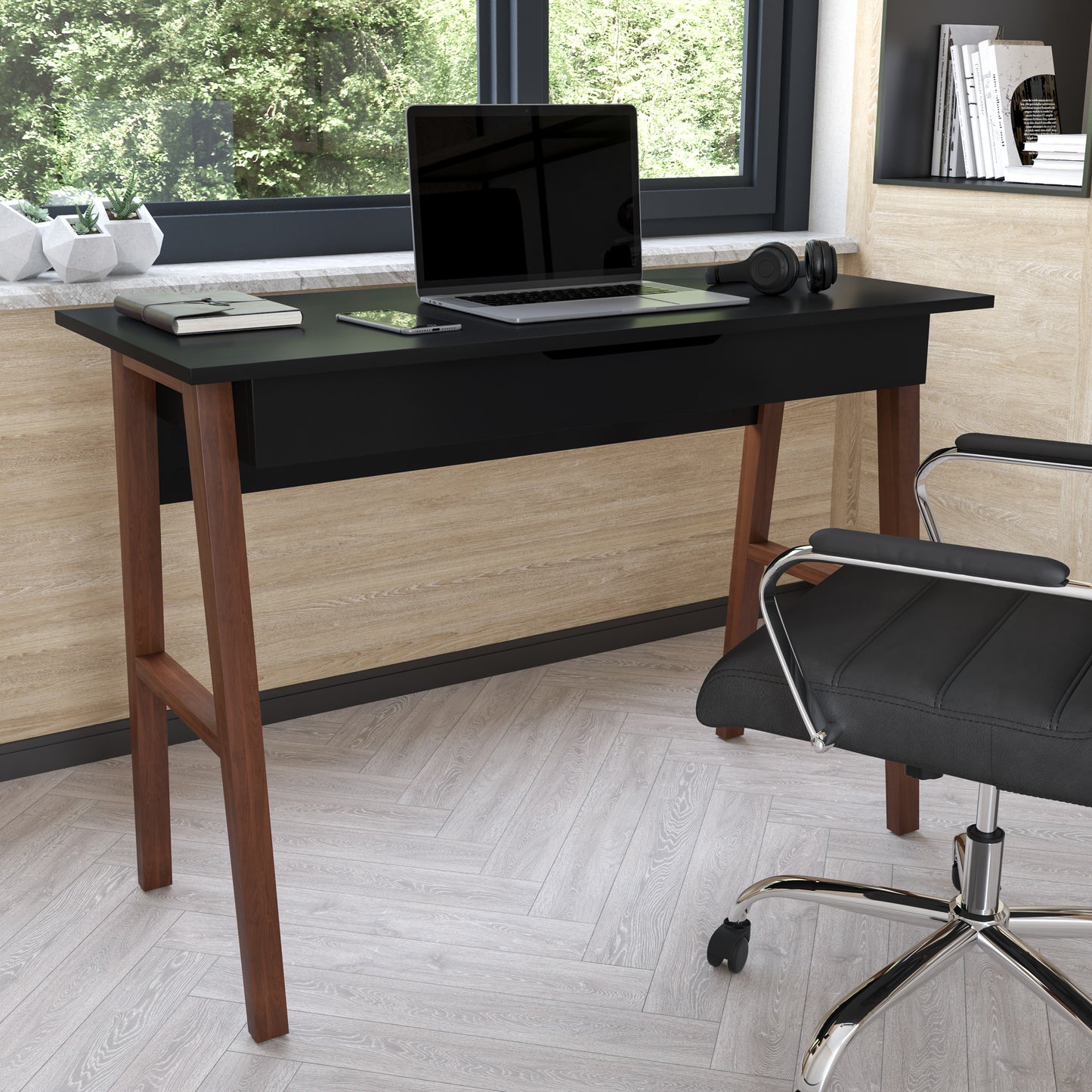 Darla Home Office Writing Computer Desk with Drawer - Table Desk for Writing and Work, Black/Walnut Black Top/Walnut Frame