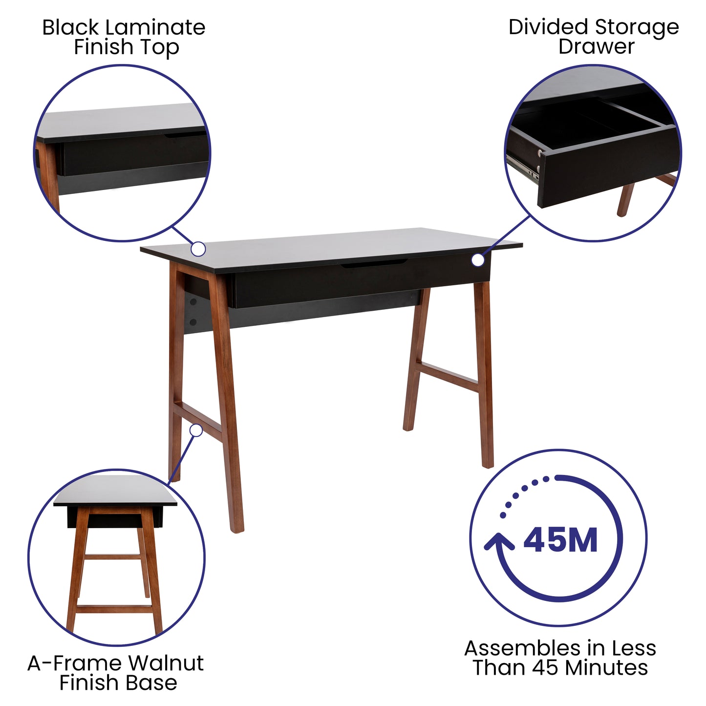 Darla Home Office Writing Computer Desk with Drawer - Table Desk for Writing and Work, Black/Walnut Black Top/Walnut Frame