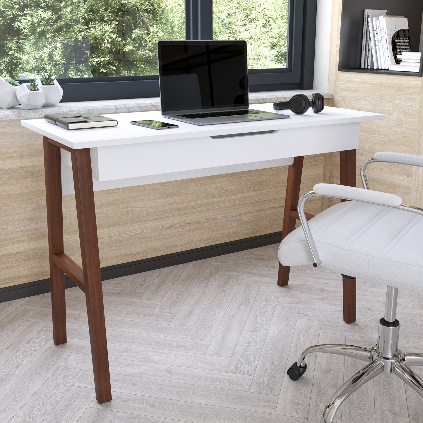 Darla Home Office Writing Computer Desk with Drawer - Table Desk for Writing and Work, White/Walnut White Top/Walnut Frame
