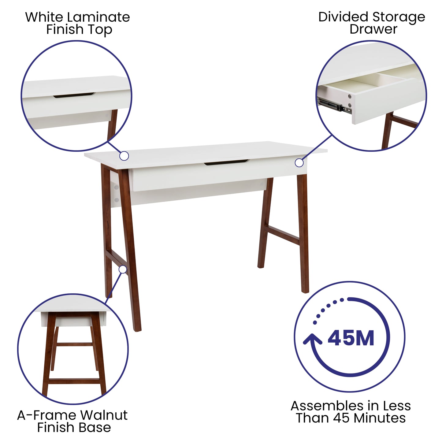 Darla Home Office Writing Computer Desk with Drawer - Table Desk for Writing and Work, White/Walnut White Top/Walnut Frame
