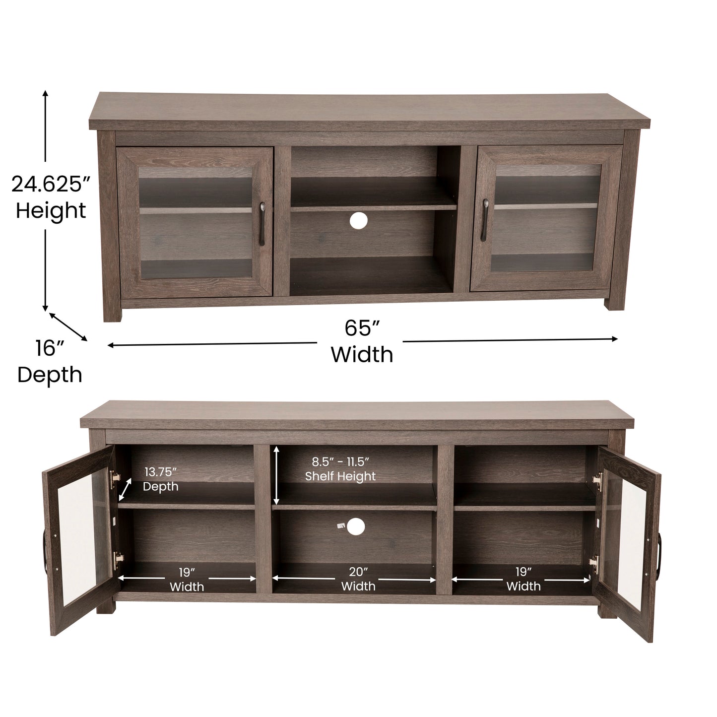 Sheffield Classic TV Stand up to 80" TVs - Modern Black Wash Finish with Full Glass Doors - 65" Engineered Wood Frame - 3 Shelves Black Wash