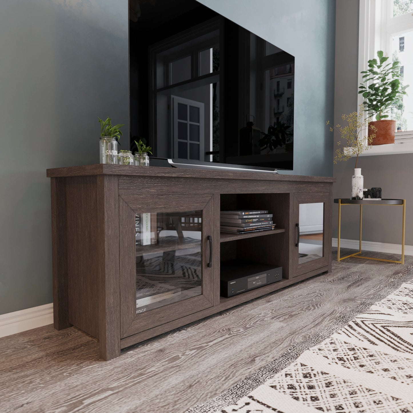 Sheffield Classic TV Stand up to 80" TVs - Modern Black Wash Finish with Full Glass Doors - 65" Engineered Wood Frame - 3 Shelves Black Wash