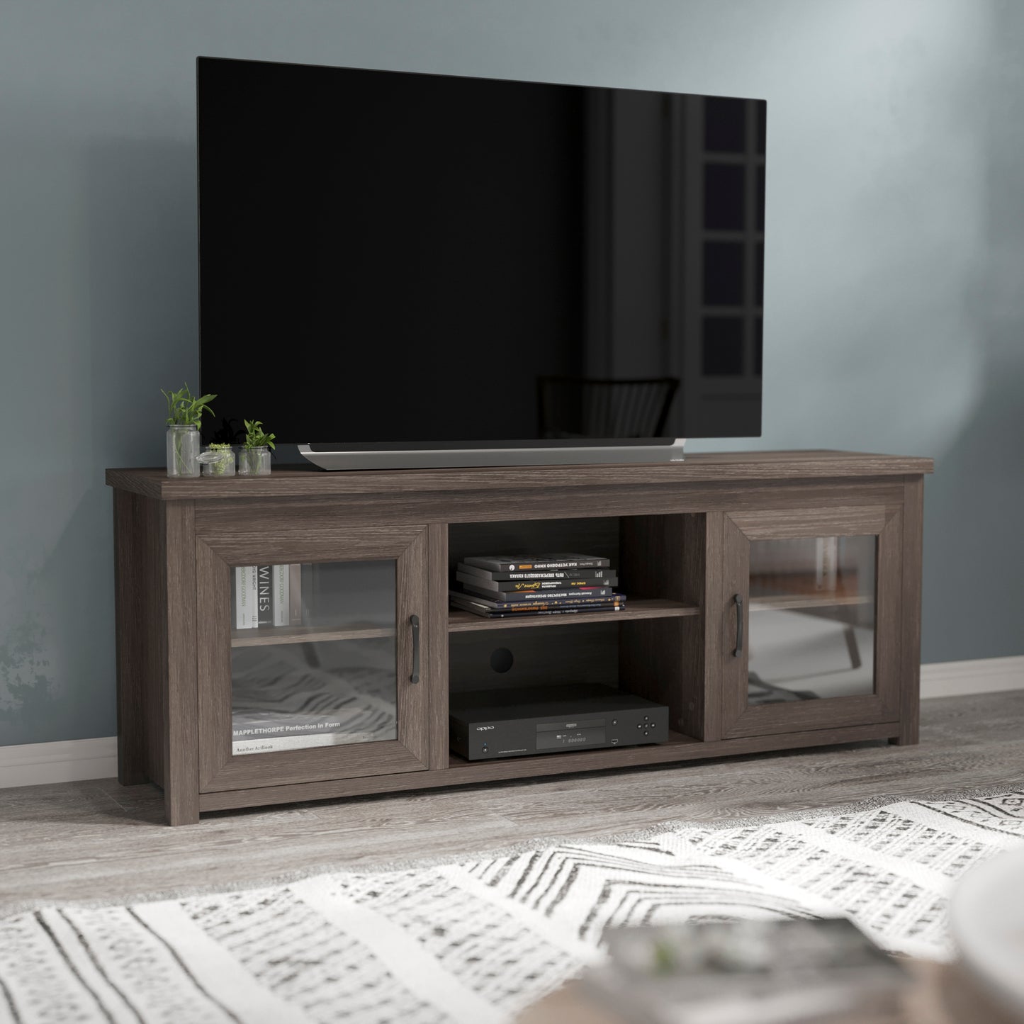 Sheffield Classic TV Stand up to 80" TVs - Modern Black Wash Finish with Full Glass Doors - 65" Engineered Wood Frame - 3 Shelves Black Wash