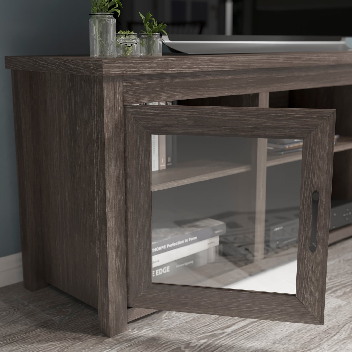 Sheffield Classic TV Stand up to 80" TVs - Modern Black Wash Finish with Full Glass Doors - 65" Engineered Wood Frame - 3 Shelves Black Wash