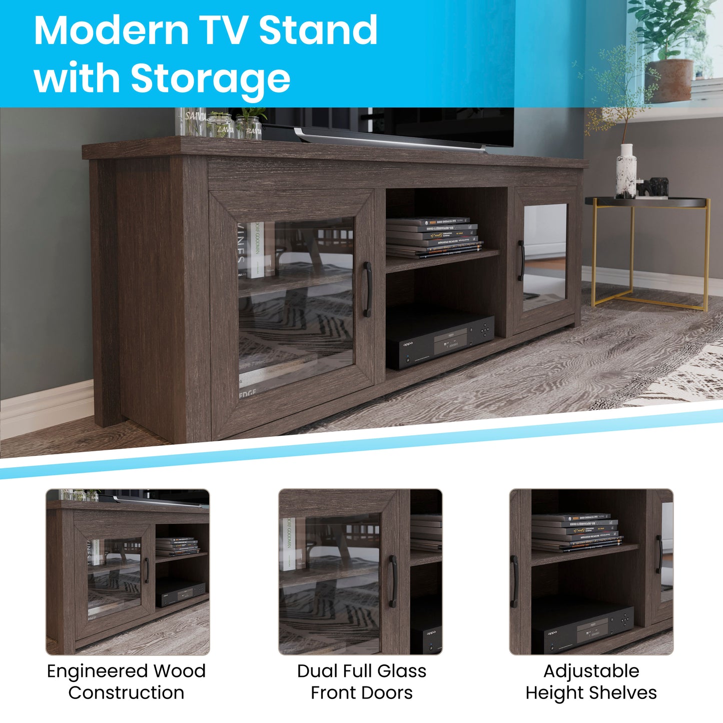 Sheffield Classic TV Stand up to 80" TVs - Modern Black Wash Finish with Full Glass Doors - 65" Engineered Wood Frame - 3 Shelves Black Wash