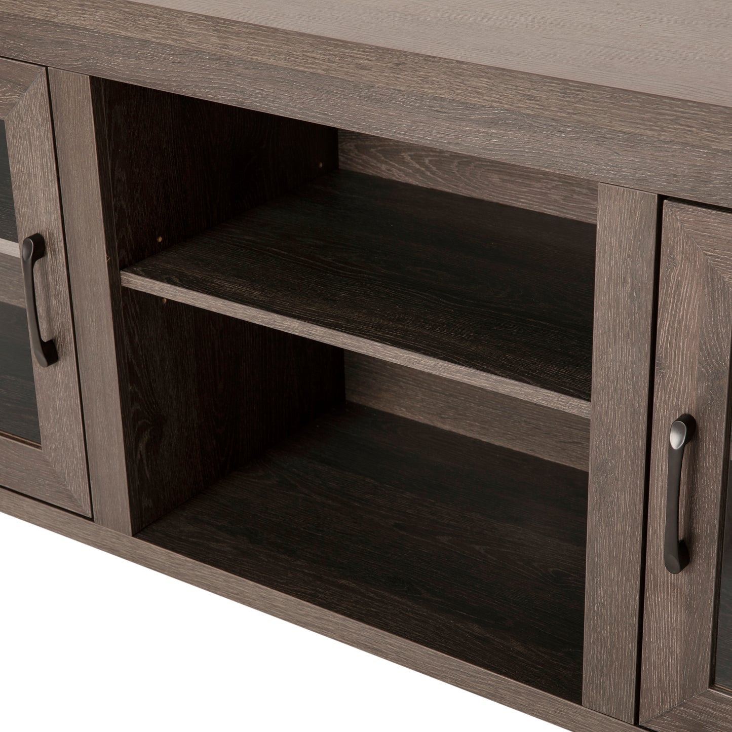 Sheffield Classic TV Stand up to 80" TVs - Modern Black Wash Finish with Full Glass Doors - 65" Engineered Wood Frame - 3 Shelves Black Wash